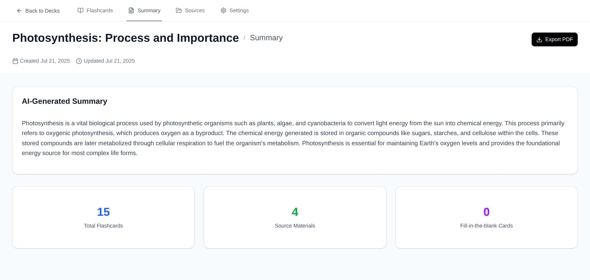 Deck summary feature